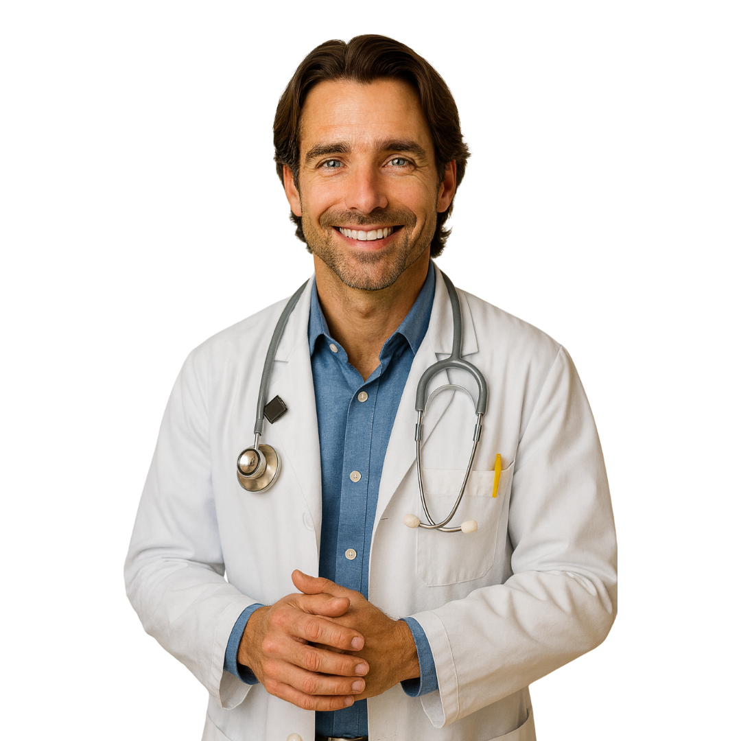 Smiling doctor wearing a white coat and stethoscope.