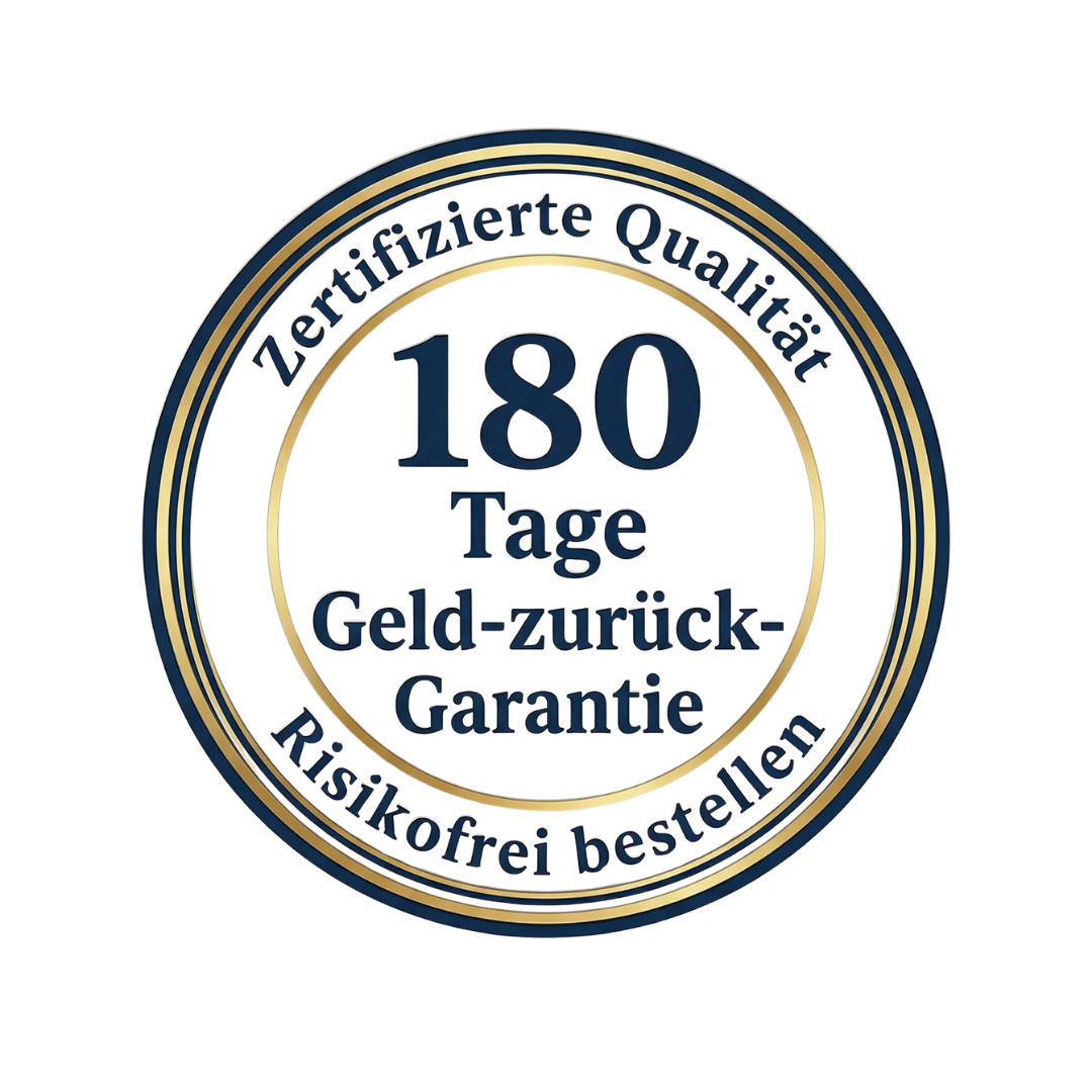 A blue and gold seal in German for a 180-day money-back guarantee and certified quality.