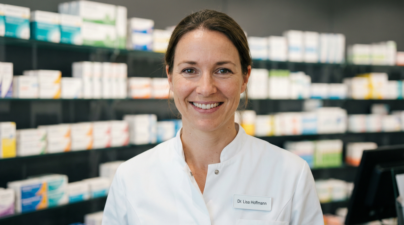 A smiling pharmacist, Dr. Lisa Hoffmann, stands in a pharmacy in front of shelves of medication.