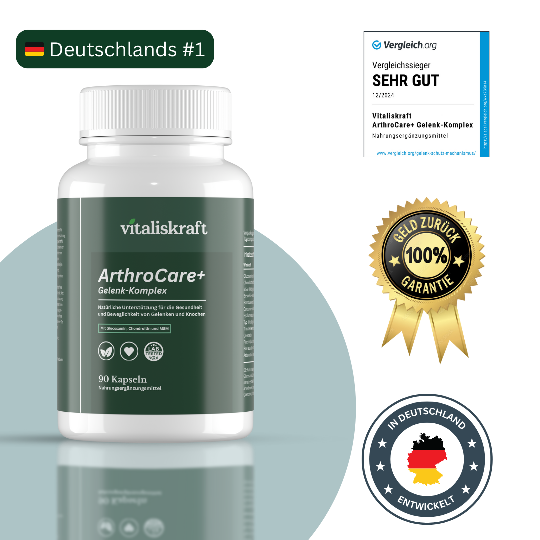 A bottle of ArthroCare+ supplement with badges and text in German.