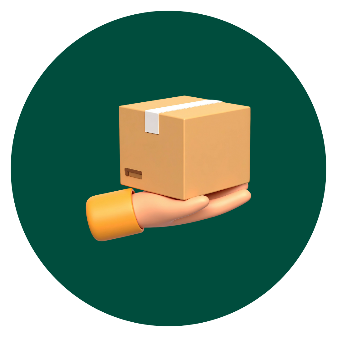 A 3D rendered illustration of a hand holding a sealed cardboard box against a green circular background.