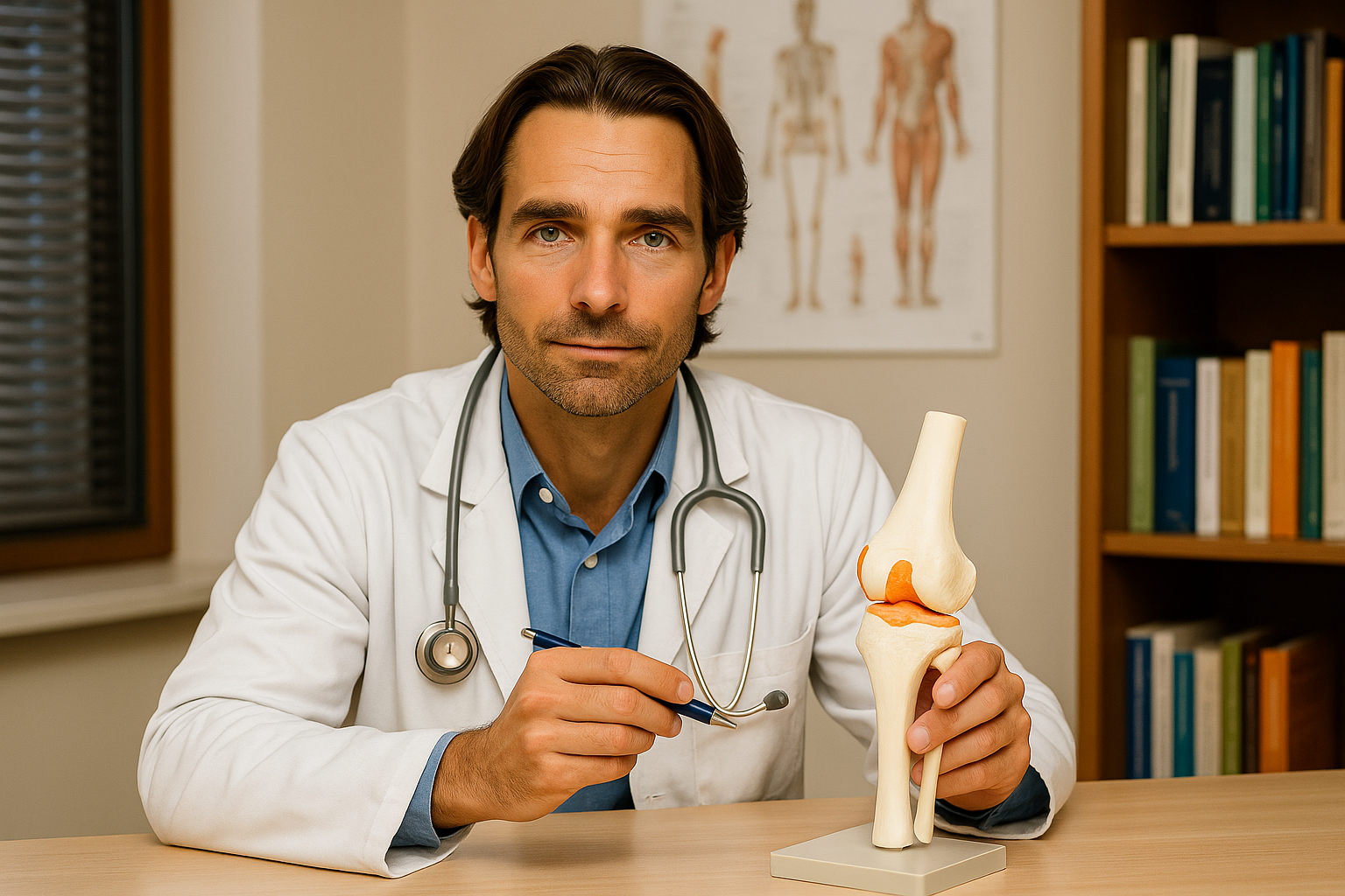 Doctor holding a knee joint model at a desk.