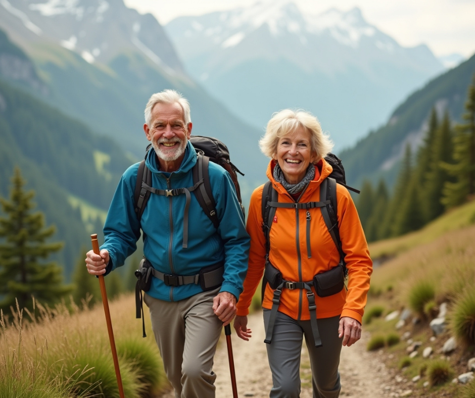 Older couple hiking on a mountainous trail with hiking sticks and backpacks.
