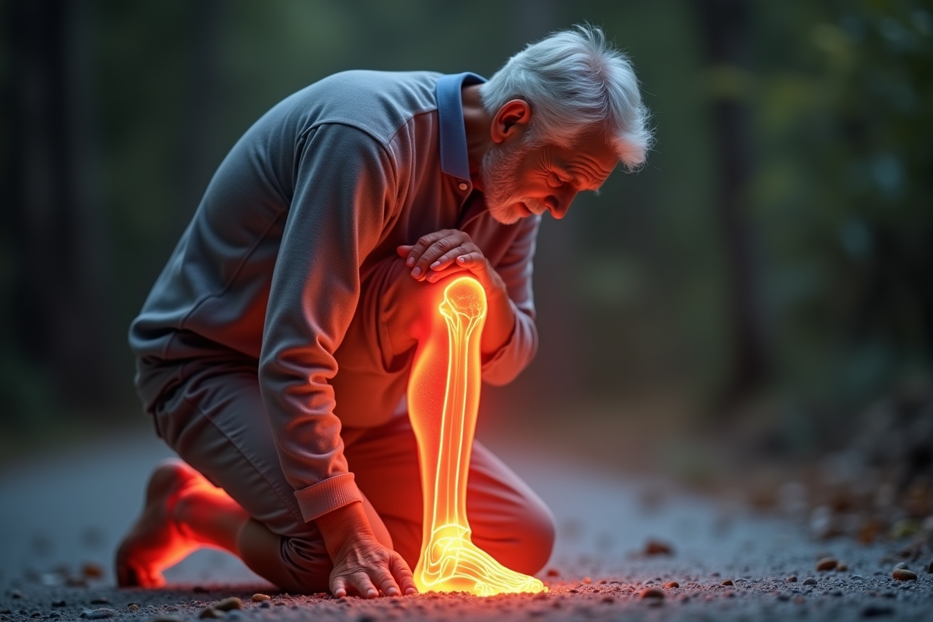 Elderly man kneeling, glowing leg bones visible, outdoors.