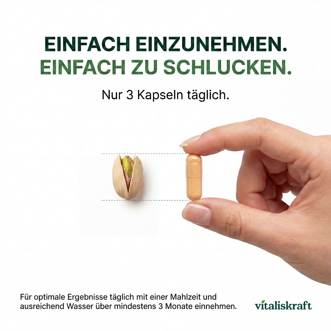 A hand holds a supplement capsule next to a pistachio nut to compare their similar sizes.