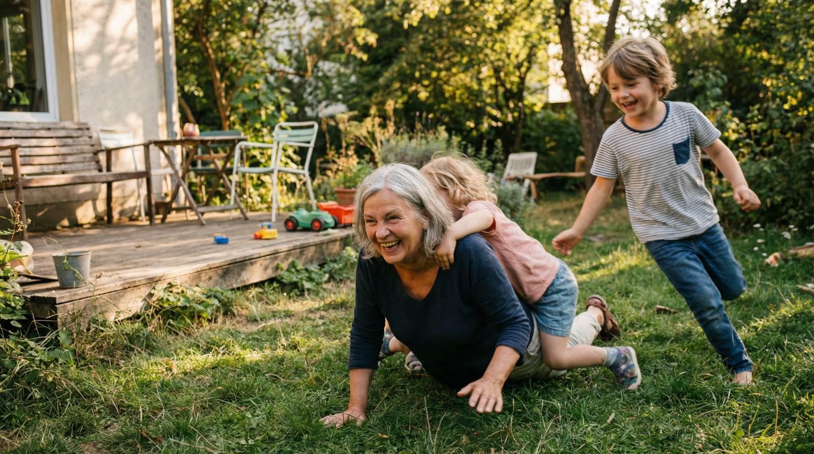 A grandmother laughs while playing with two young children on the grass in a backyard.