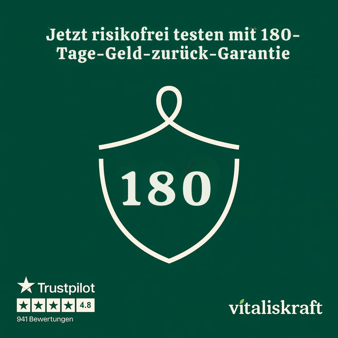 Green background with shield graphic, '180 Tage-Geld-zurück-Garantie,' Trustpilot rating, and 'vitkraft.'