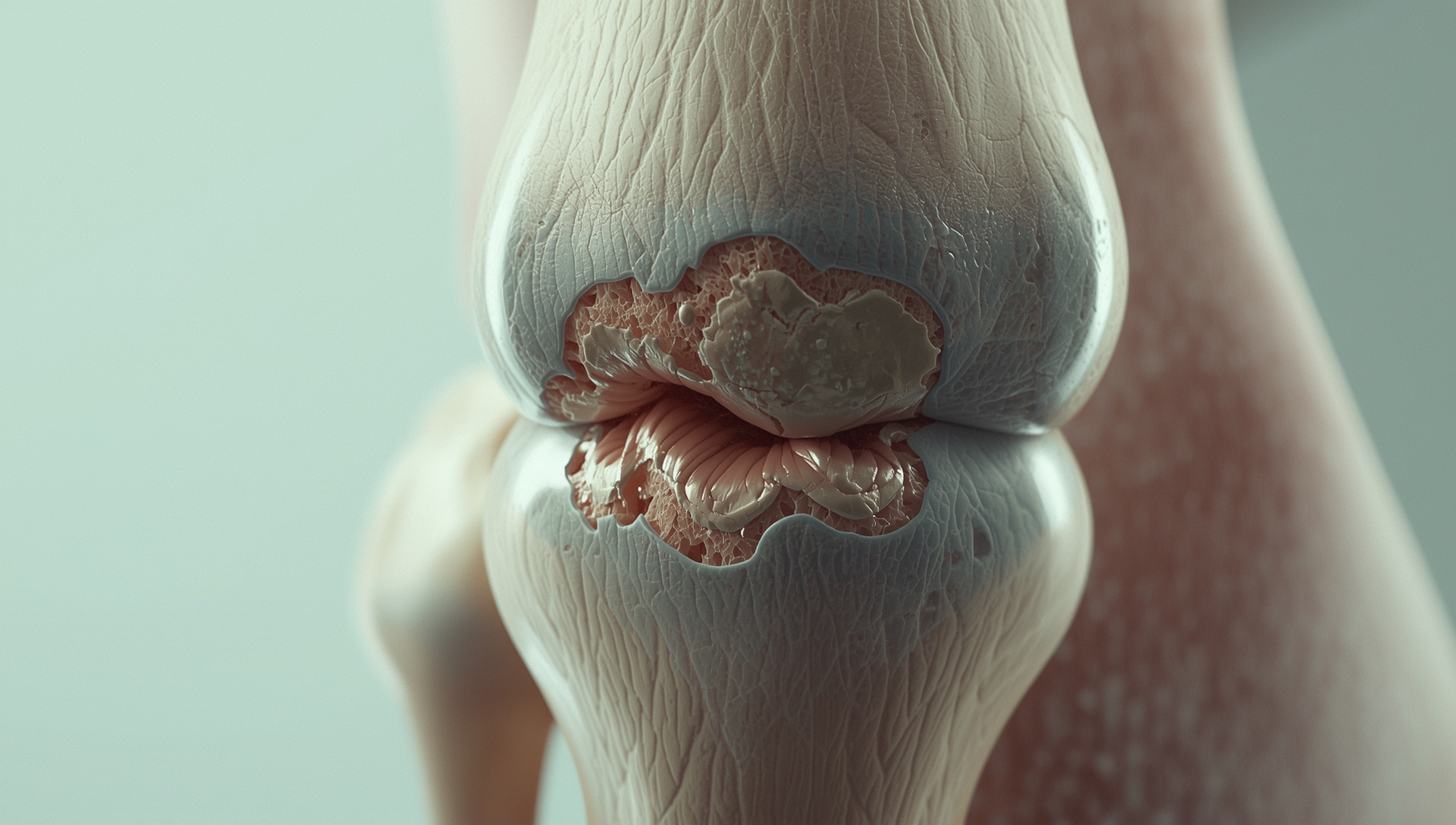 Close-up of a detailed, realistic joint with visible bone and cartilage.