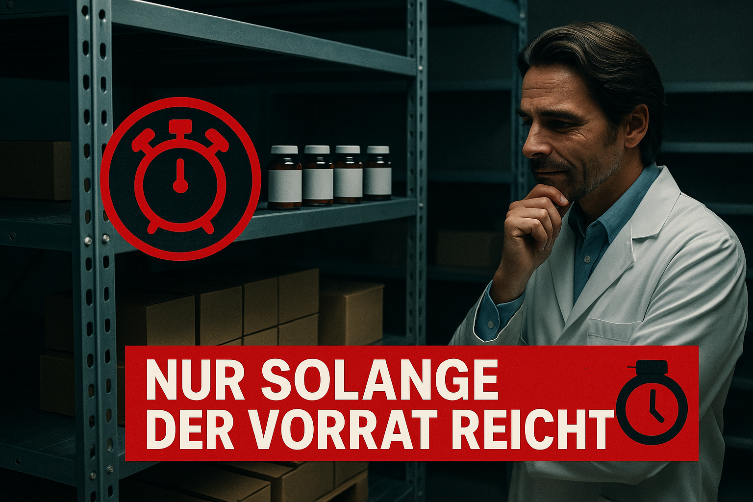 Man in lab coat looking at shelves with bottles and boxes.