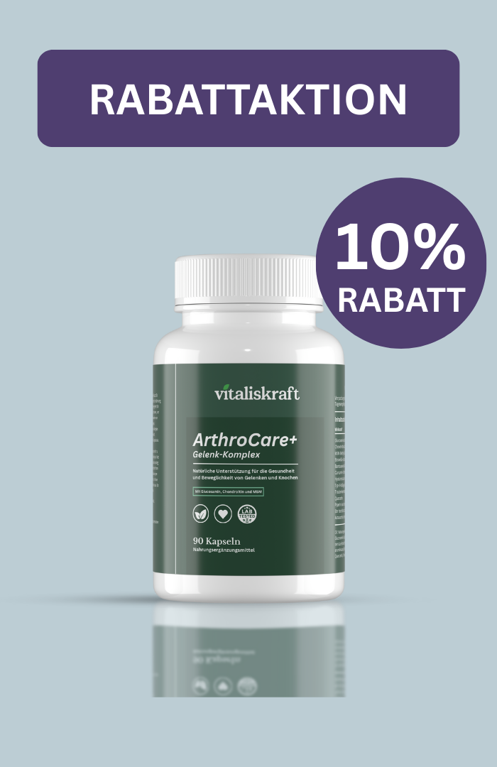 Supplement bottle labeled ArthroCare+ with discount offer text.