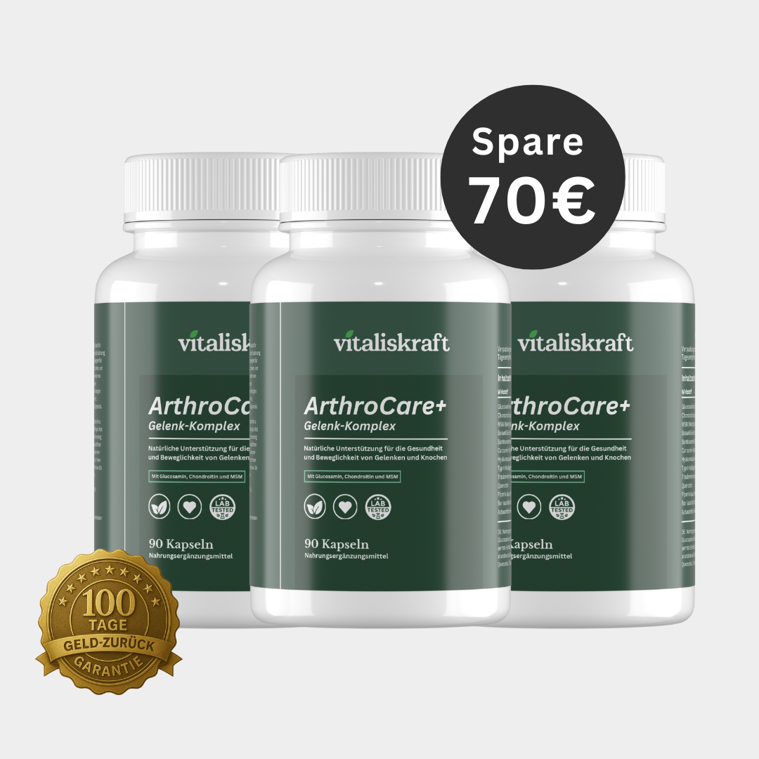 Three bottles of ArthroCare+ supplements with a 70€ savings badge.