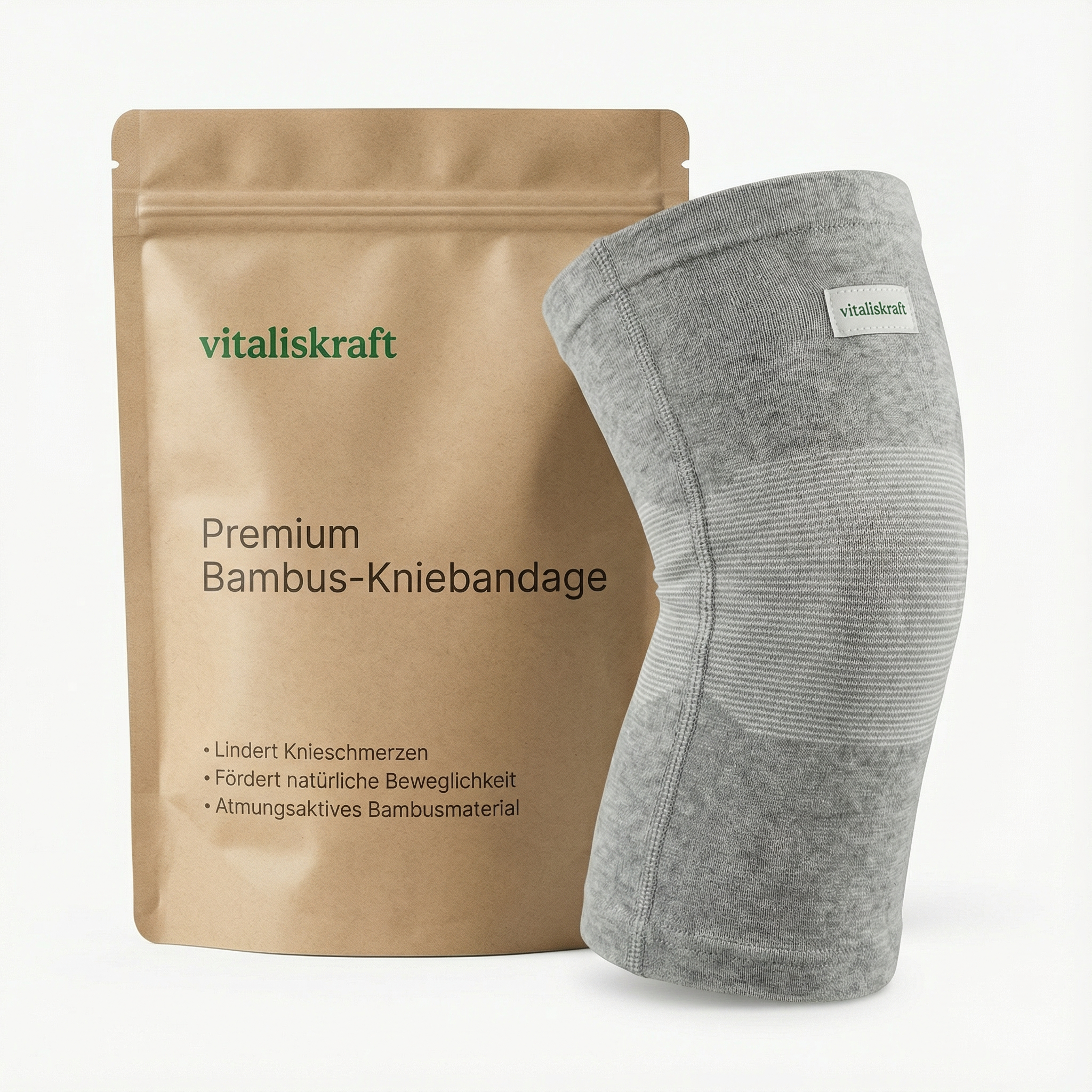 Gray knee brace next to a brown package labeled 'Premium Bambus-Kniebandage.'