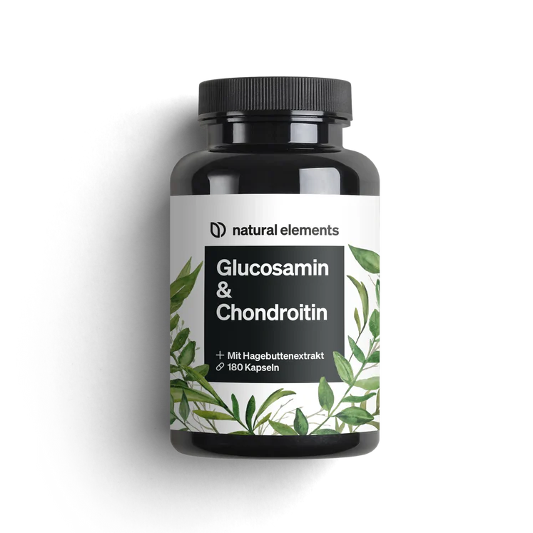 Black bottle labeled 'Glucosamin & Chondroitin' with green leaf design.
