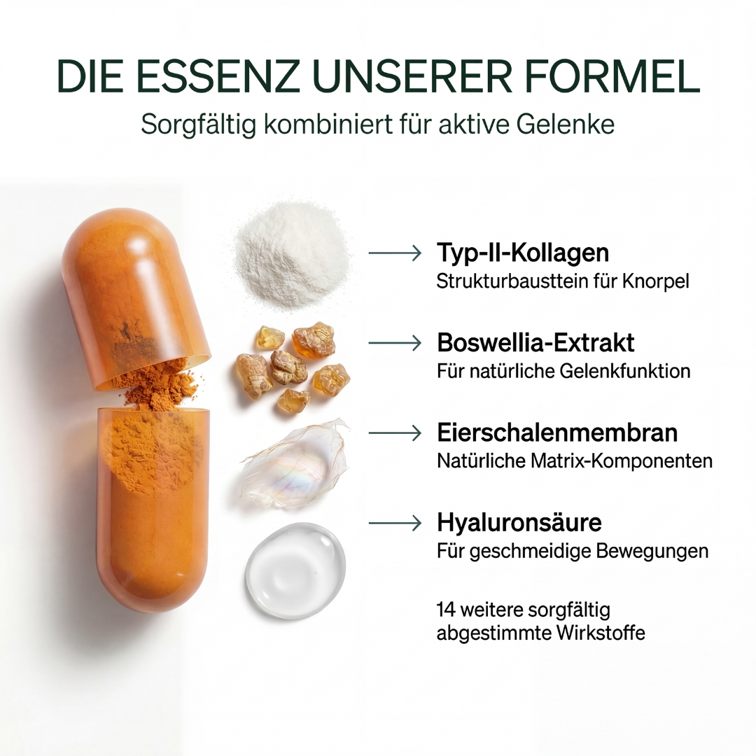 An infographic in German showing an open capsule and its ingredients: collagen, boswellia extract, eggshell membrane, and hyaluronic acid.