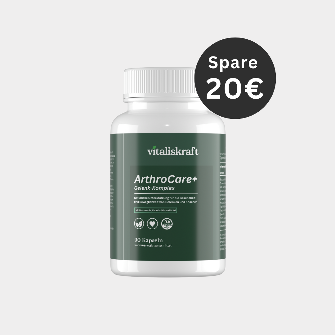 Green bottle labeled 'ArthroCare+' with a discount label 'Spare 20€'.