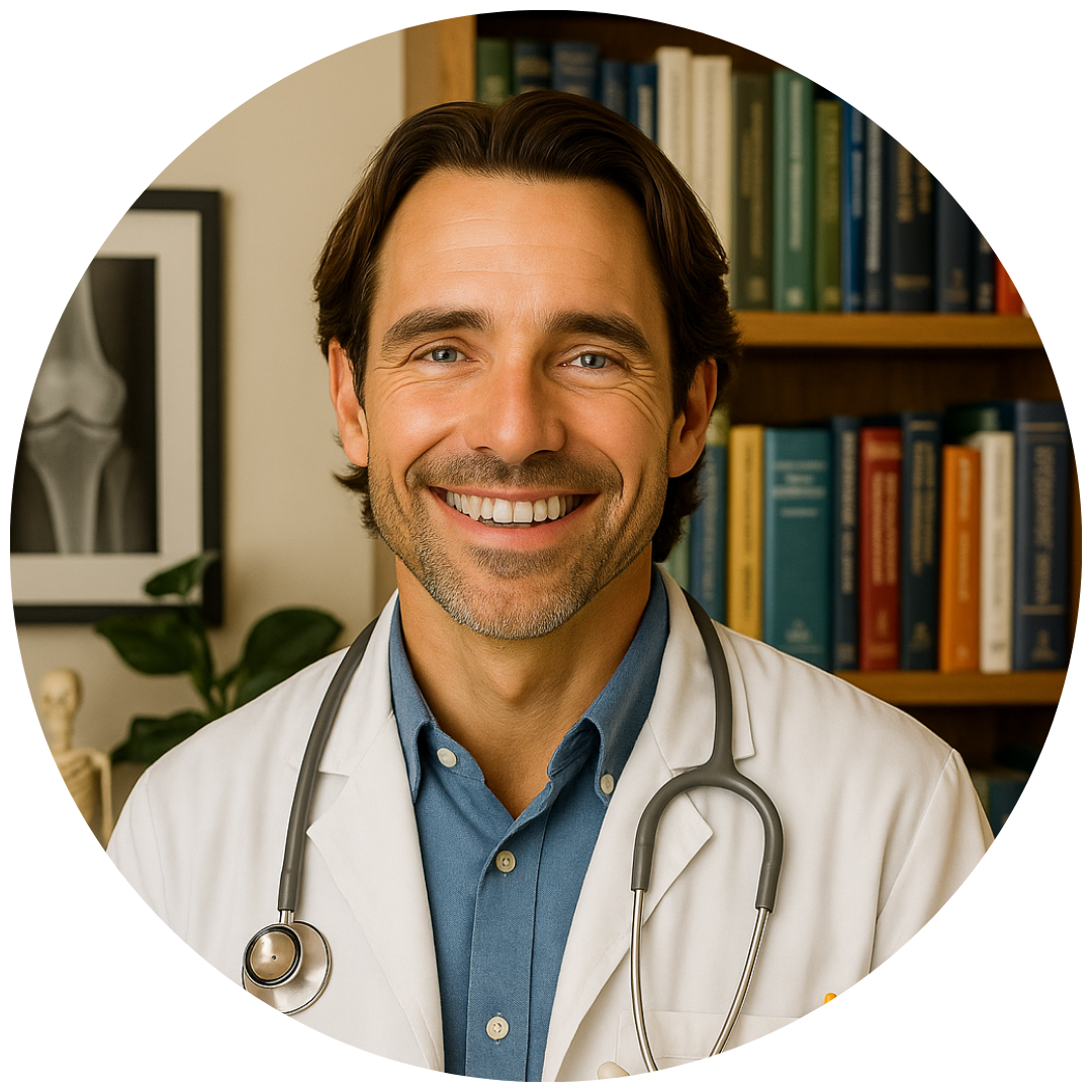 Smiling person in a lab coat with stethoscope, bookshelves in background.