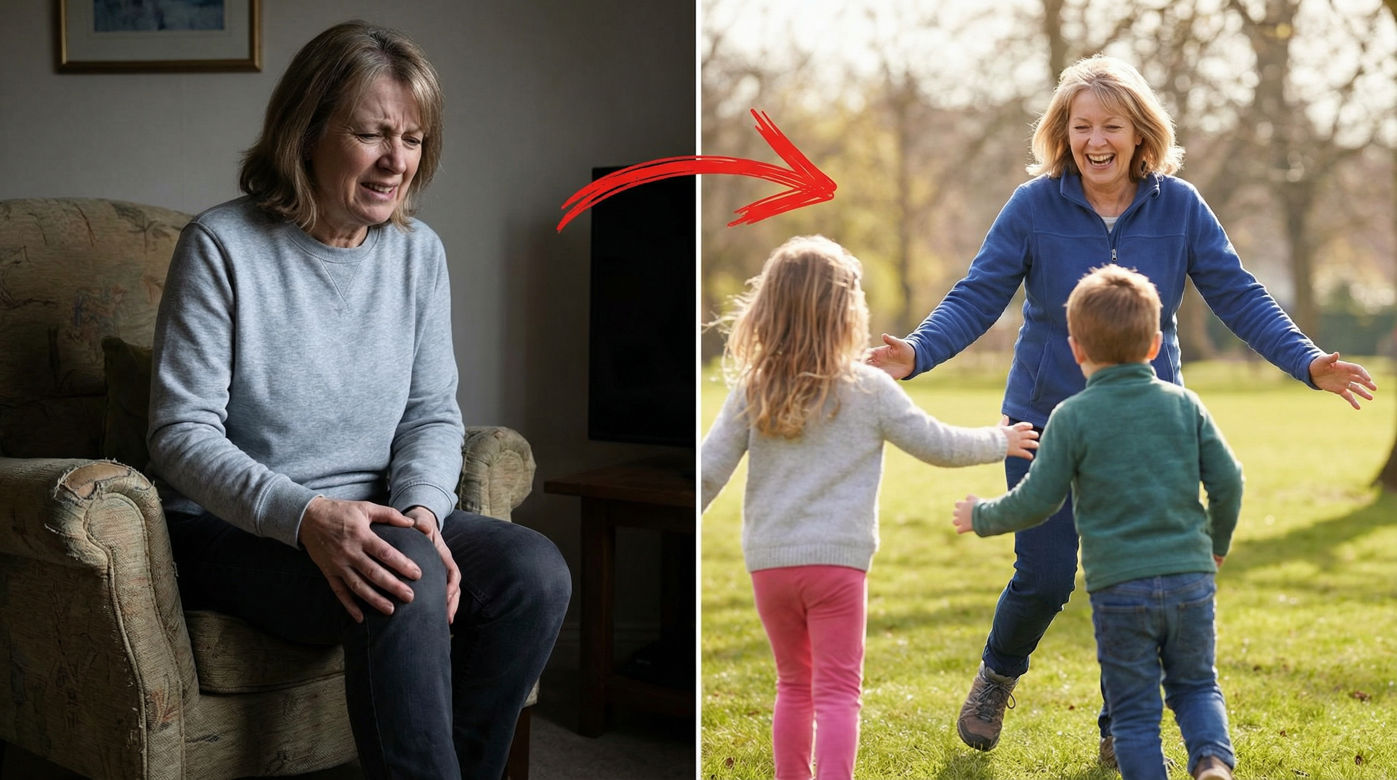 Two images of an elderly woman; sitting in pain and running joyfully with children.