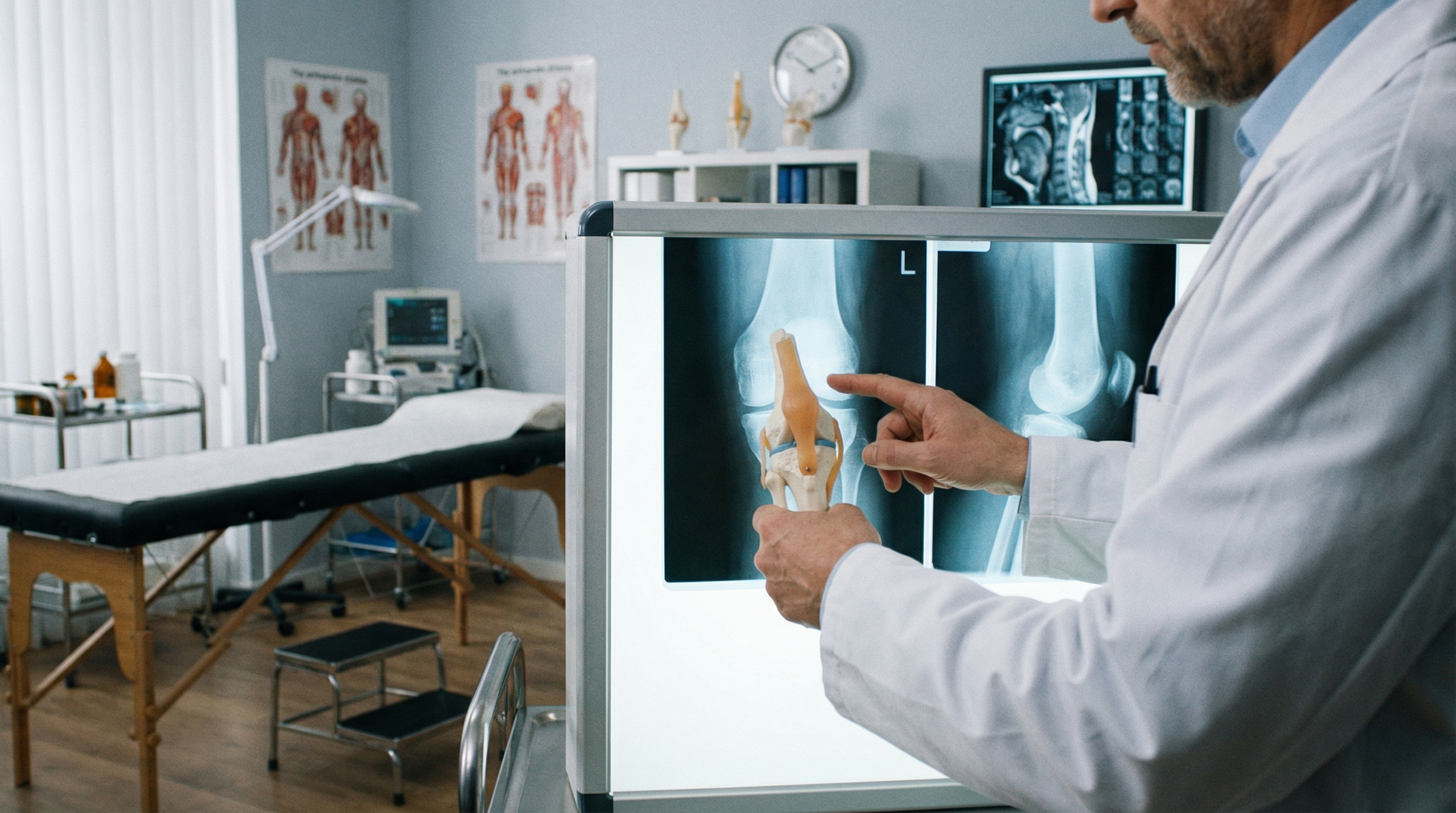 Doctor examines knee x-ray with anatomy model in medical office.