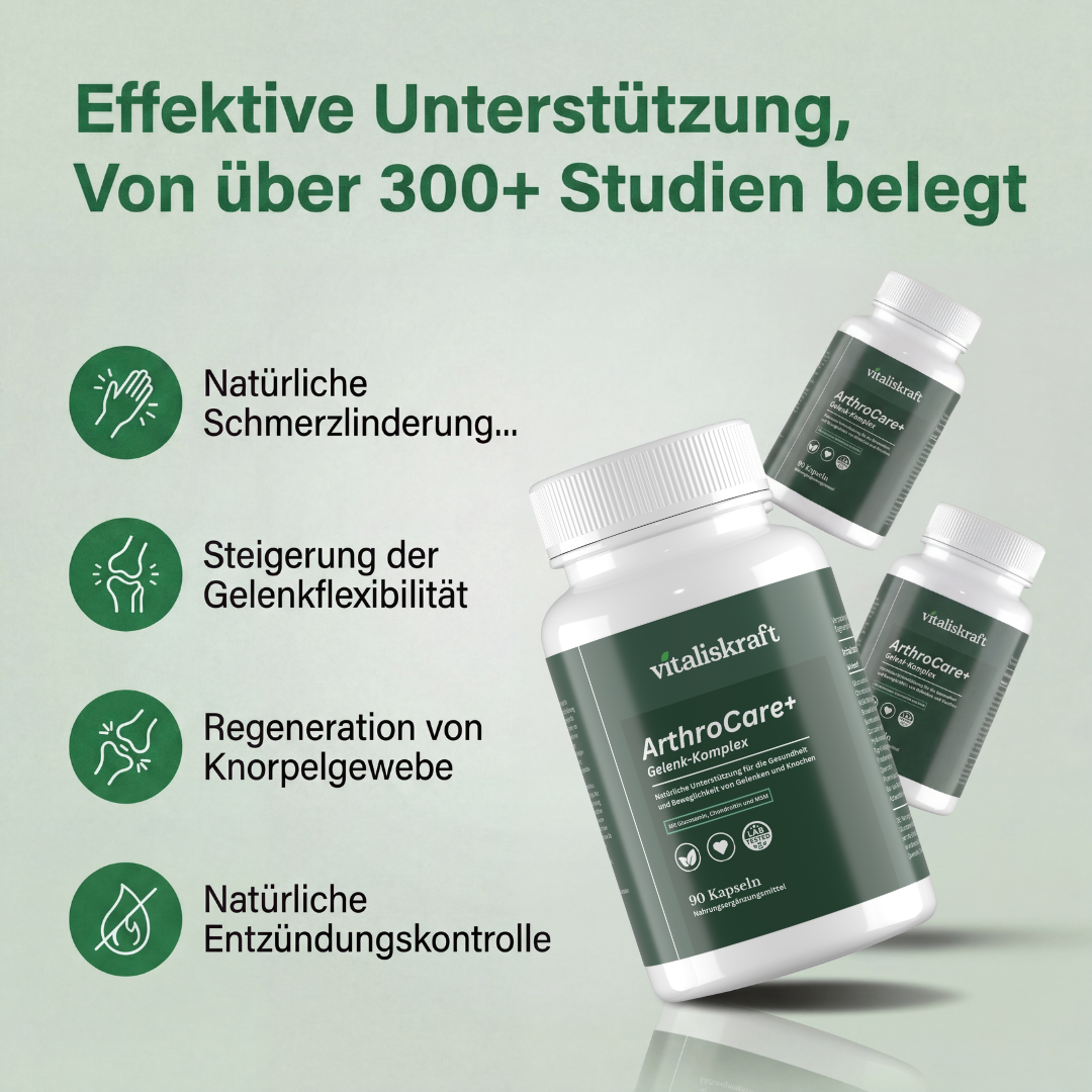 Three bottles of Vitaliskraft ArthroCare+ supplement with German text and icons describing its benefits.