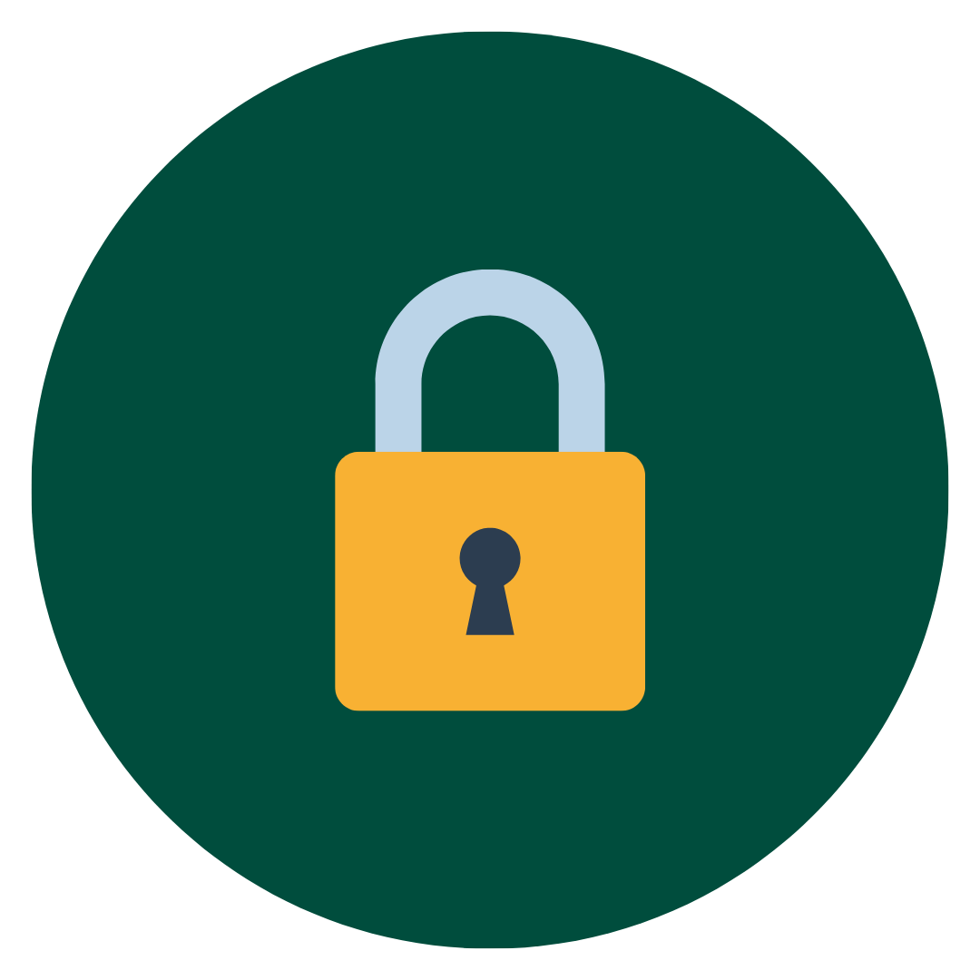 A graphic icon of a yellow padlock with a blue shackle on a dark green circular background.