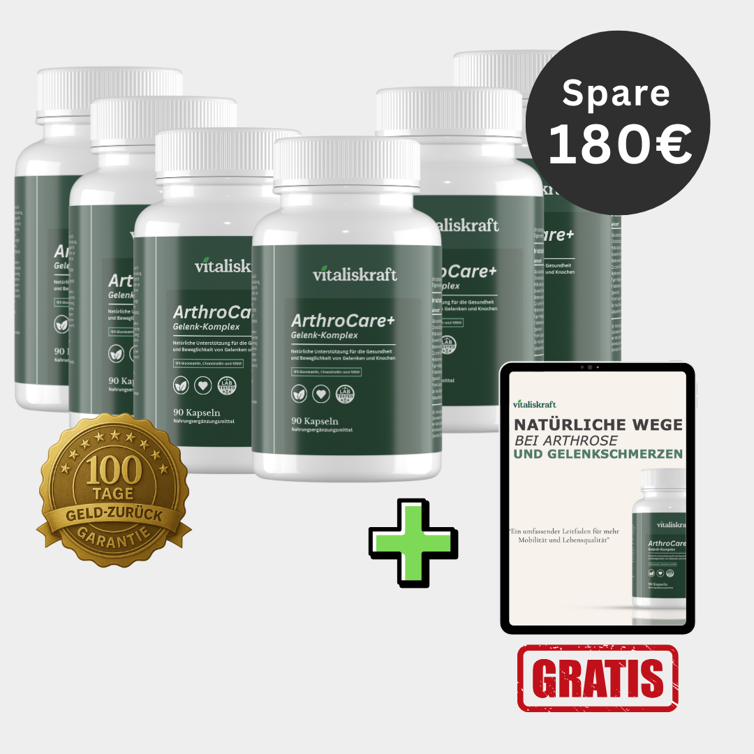 Six supplement bottles with a tablet and a gold guarantee badge.