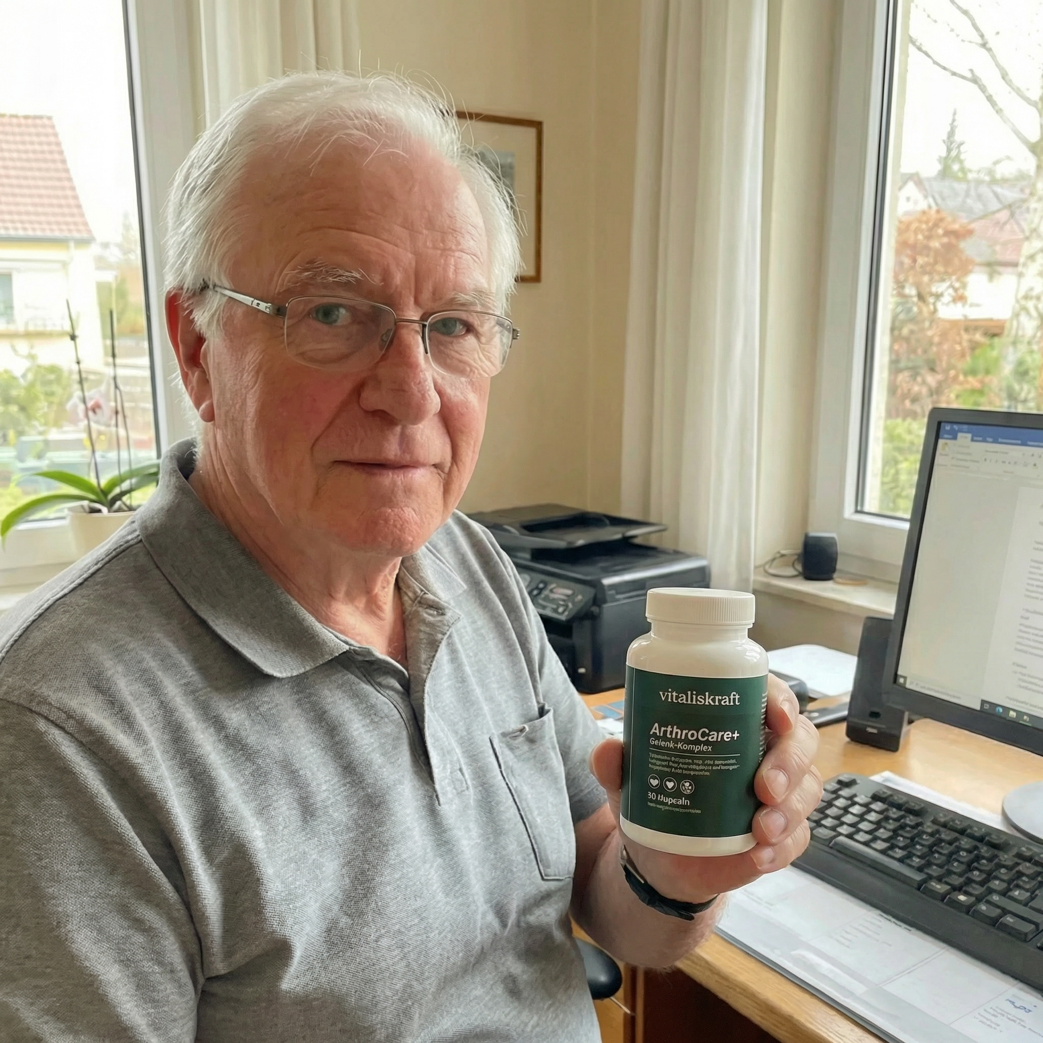 An older man with glasses sits at a desk and holds a white bottle of supplements.
