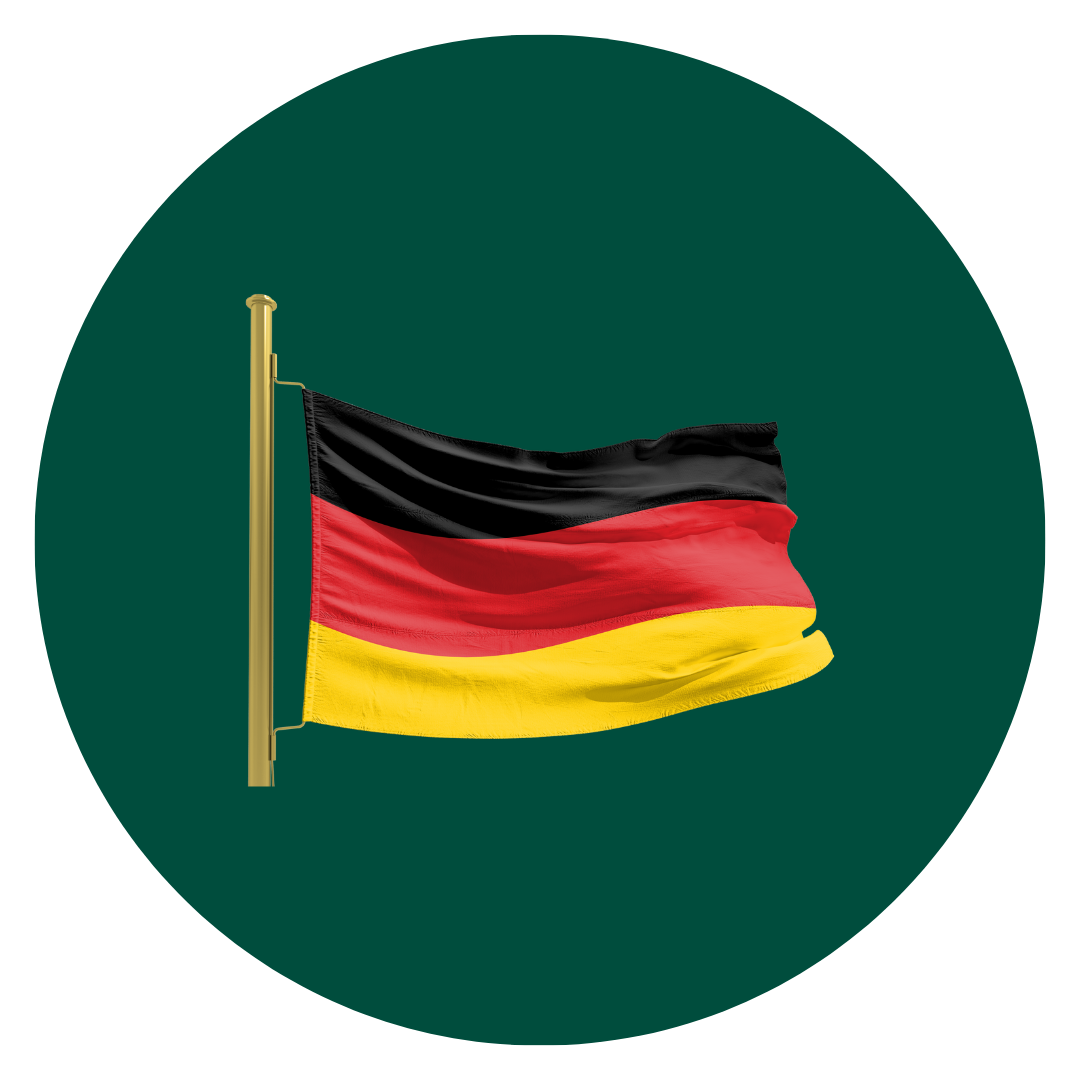 The flag of Germany on a gold flagpole, set against a dark green circular background.