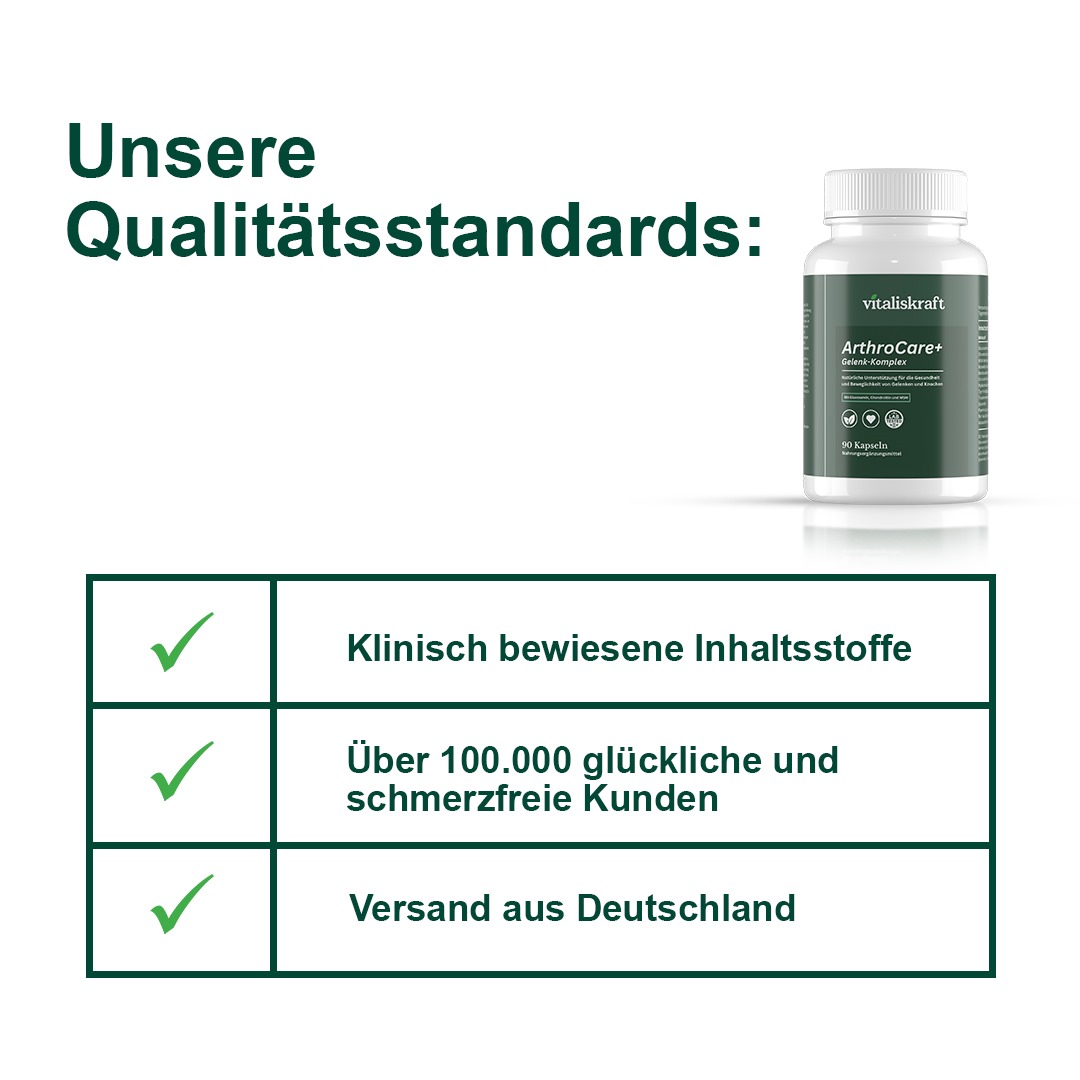 German text with a supplement bottle and quality standards checklist.