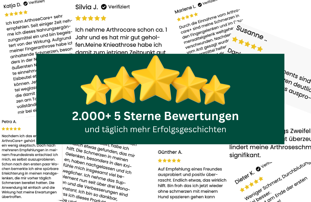 Image of five gold stars with German text about 2,000+ five-star reviews.