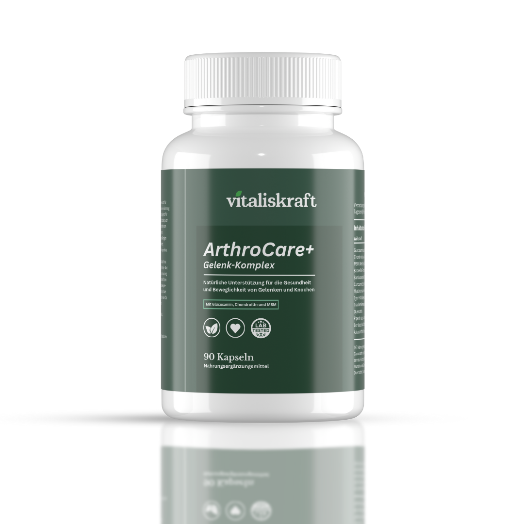 Bottle labeled 'ArthroCare+ Gelenk-Komplex' with white cap and green label.