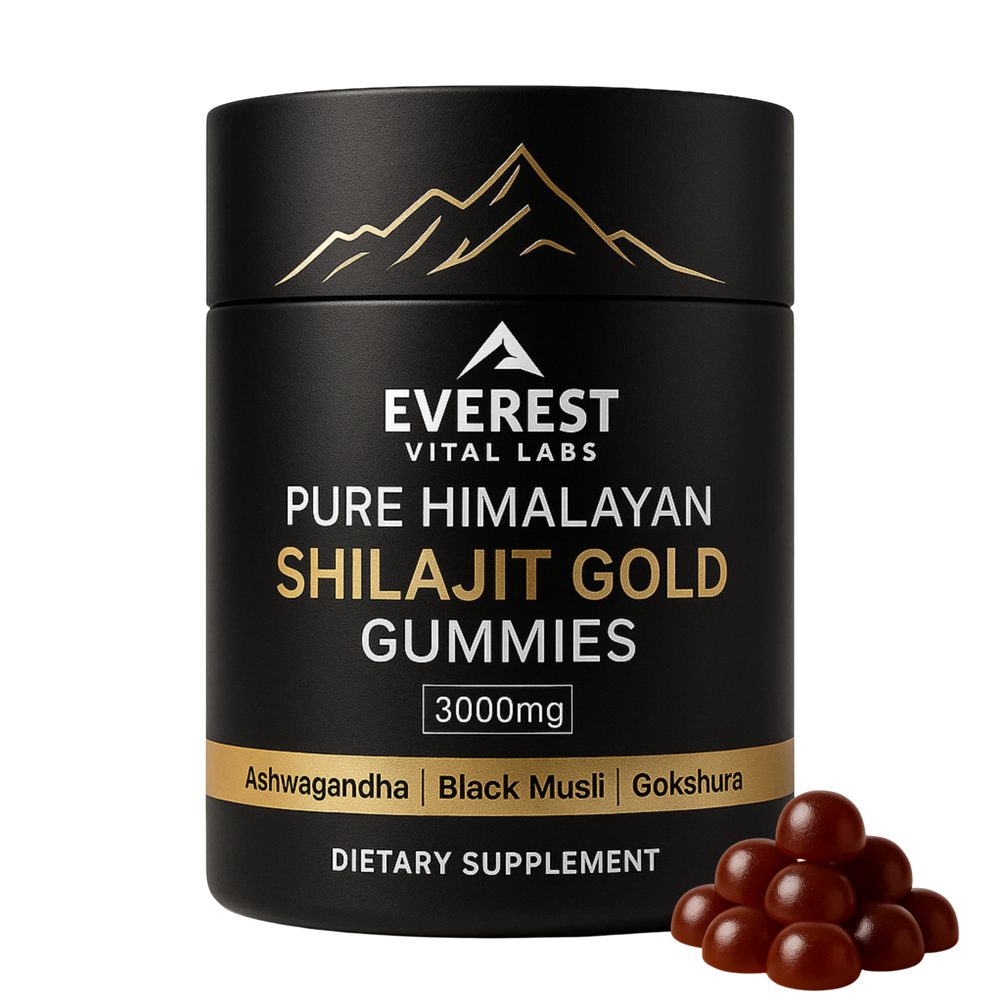 Black container of Shilajit Gold Gummies alongside several brown gummies.