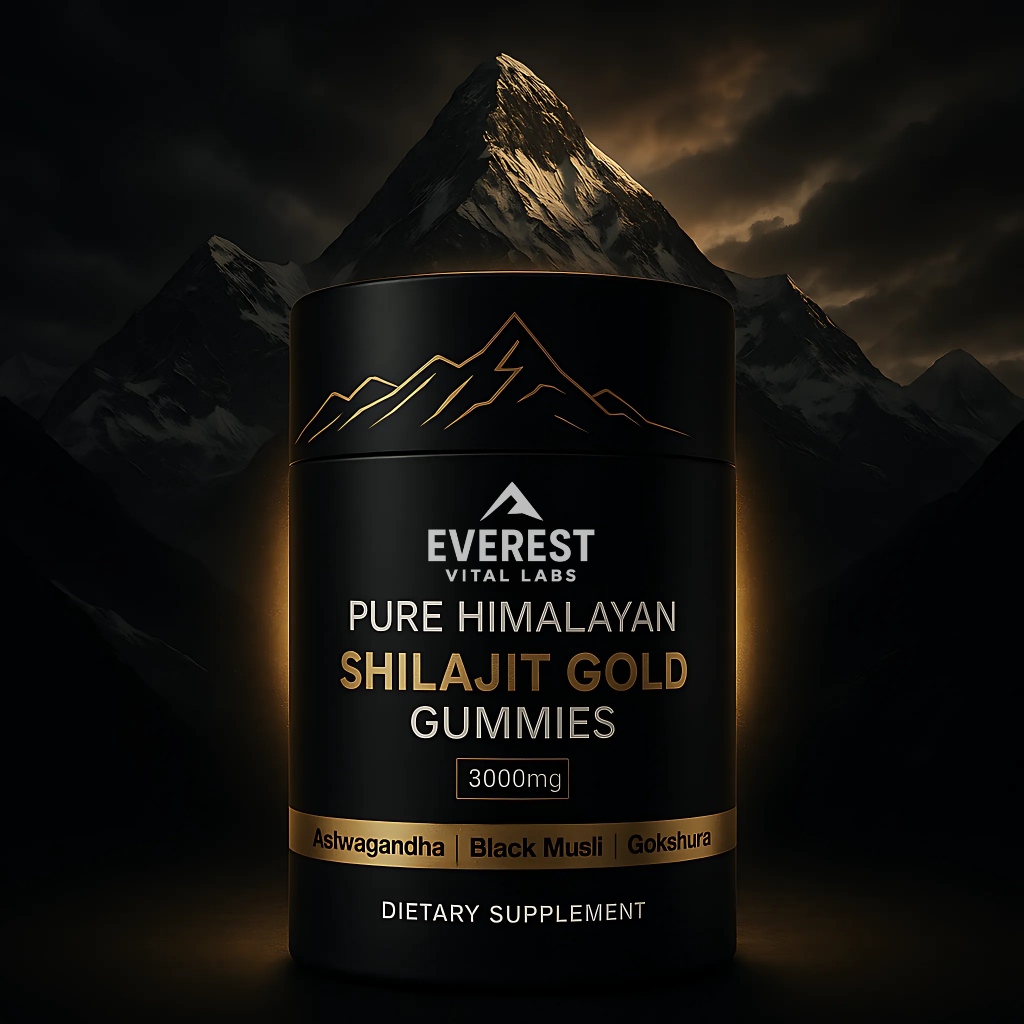 Black jar labeled 'Shilajit Gold Gummies' against mountain backdrop.
