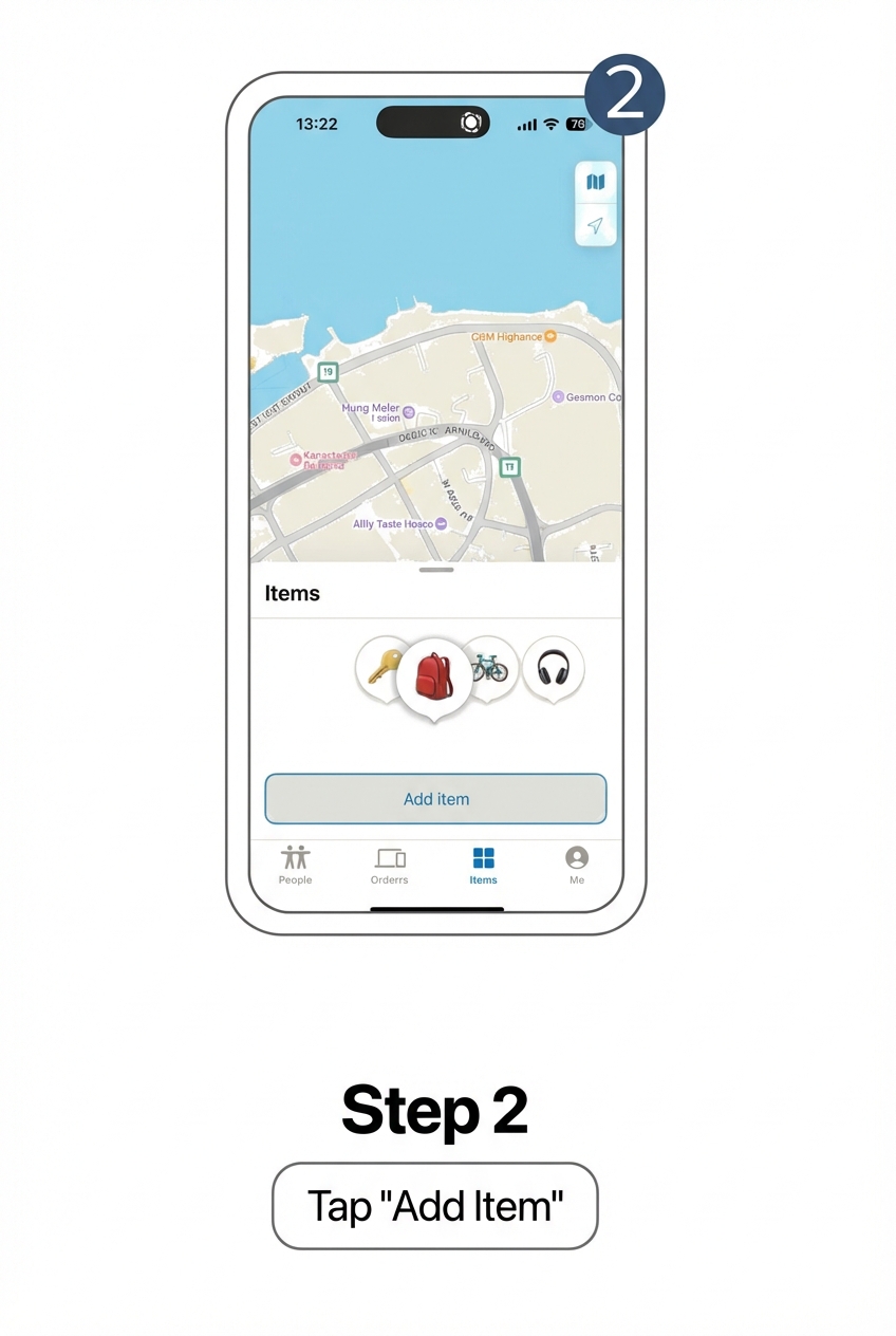 An instructional graphic showing Step 2, tapping the 'Add Item' button on a mobile app's item tracking screen.