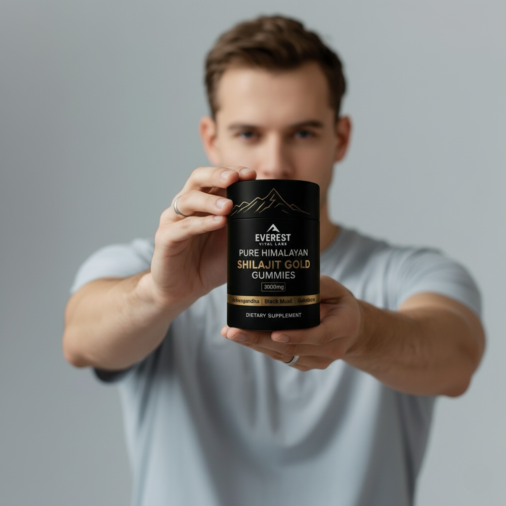 Person holding a black container labeled 'Everest Shilajit Gold Gummies'.