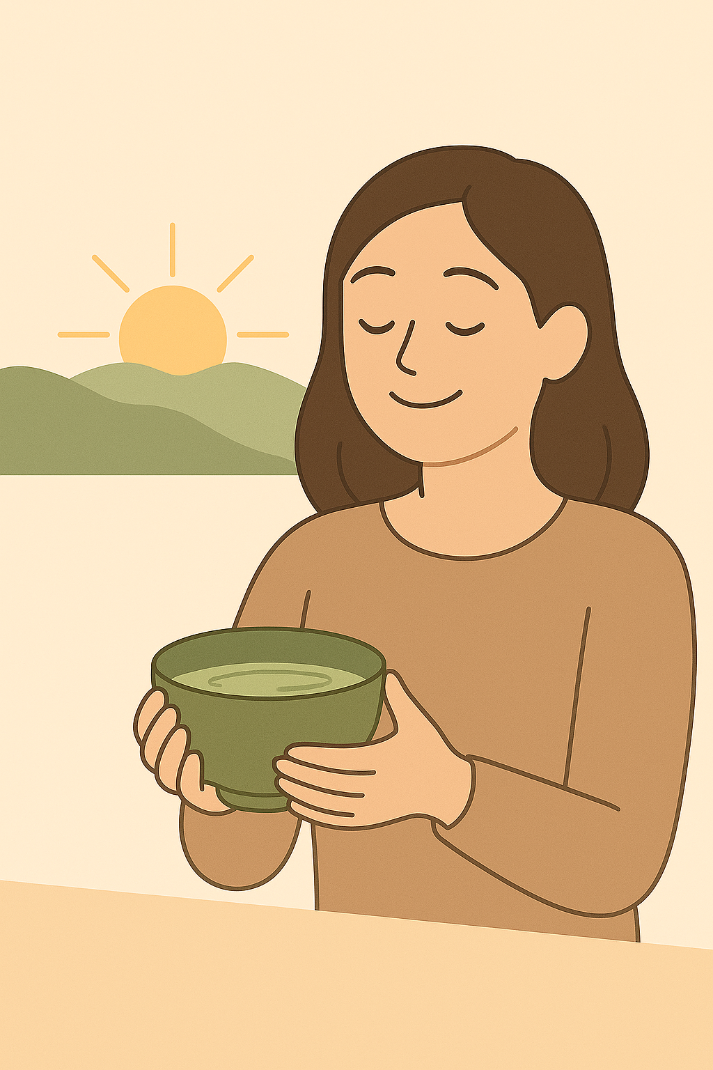 Illustration of a person holding a bowl with a sunrise in the background.
