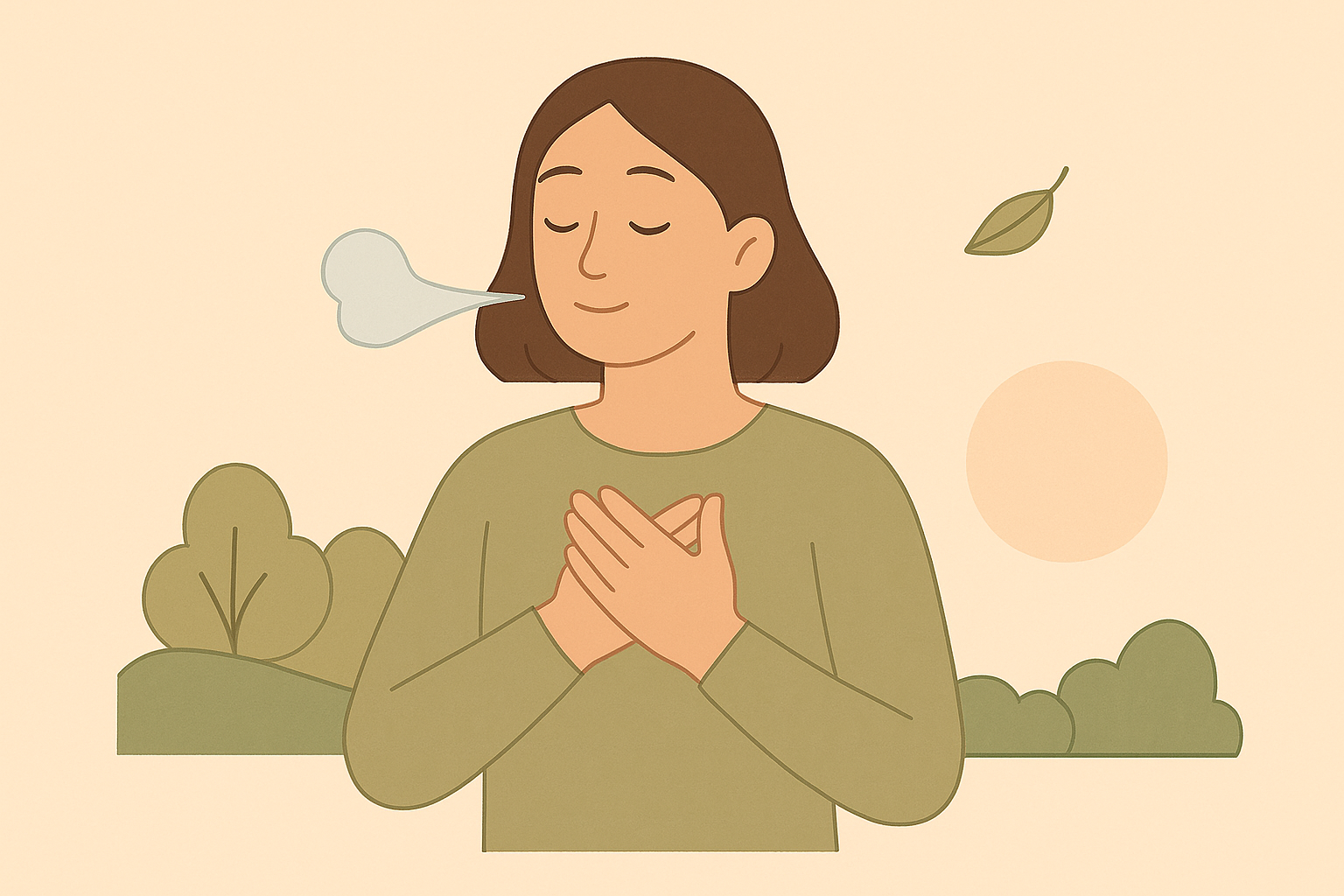 Illustration of a person with closed eyes, hands on chest, and a leaf in the background.
