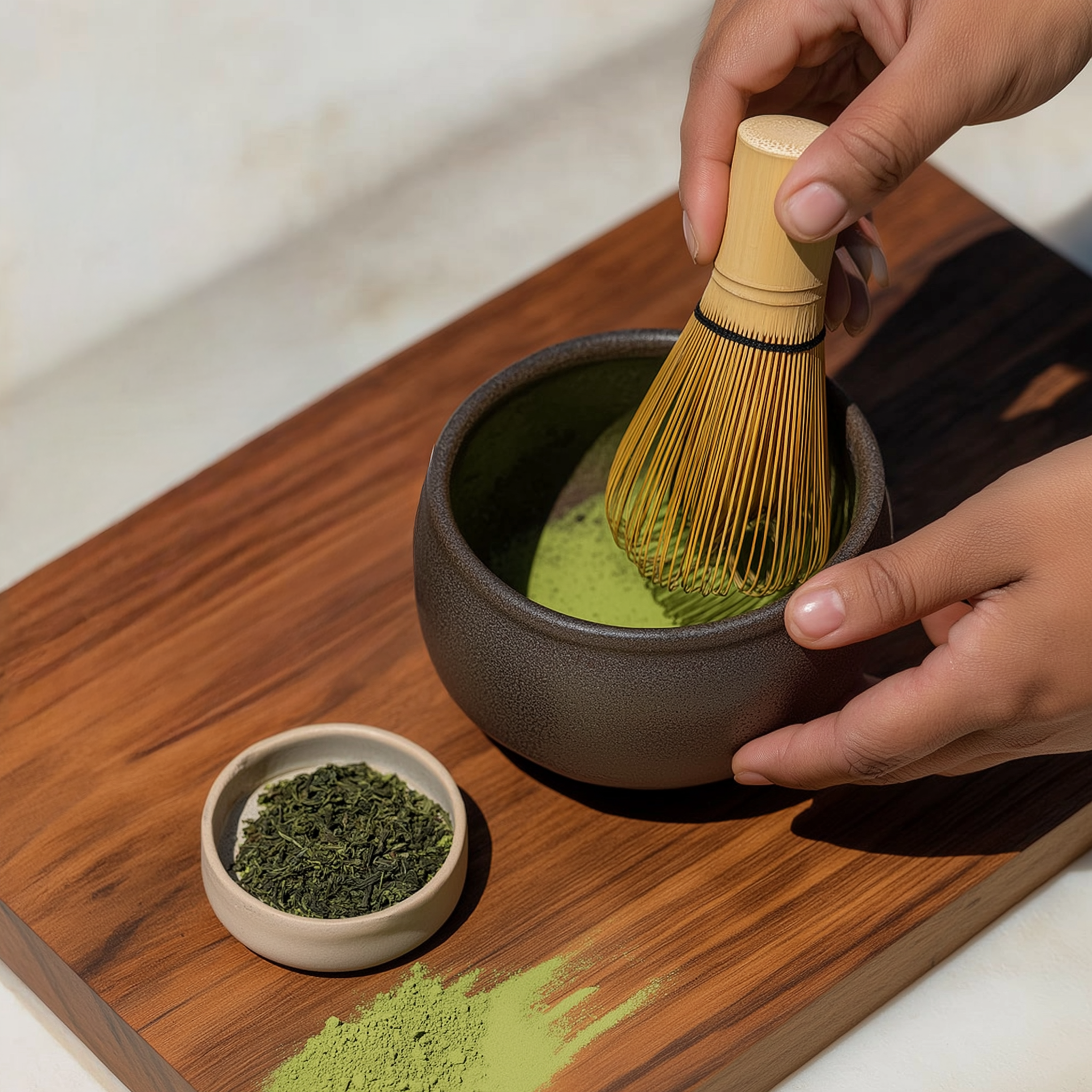 Hands whisking matcha in a bowl with green tea leaves nearby.