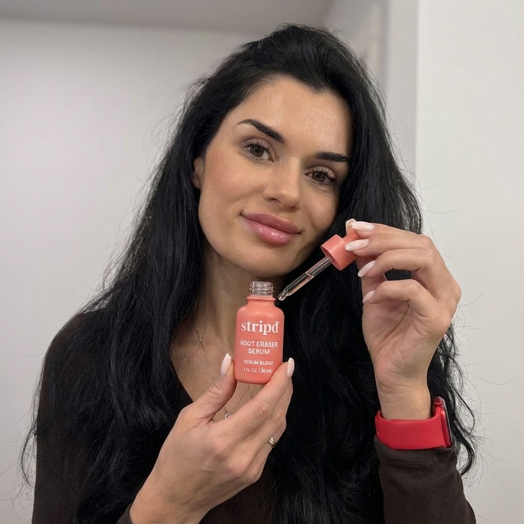 Person holding a bottle of serum with a dropper.