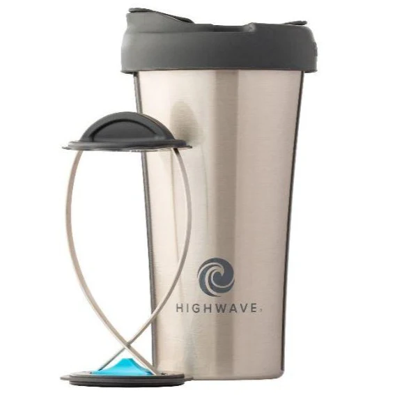 Stainless steel travel mug with a black lid and logo, next to a separate filter mechanism.