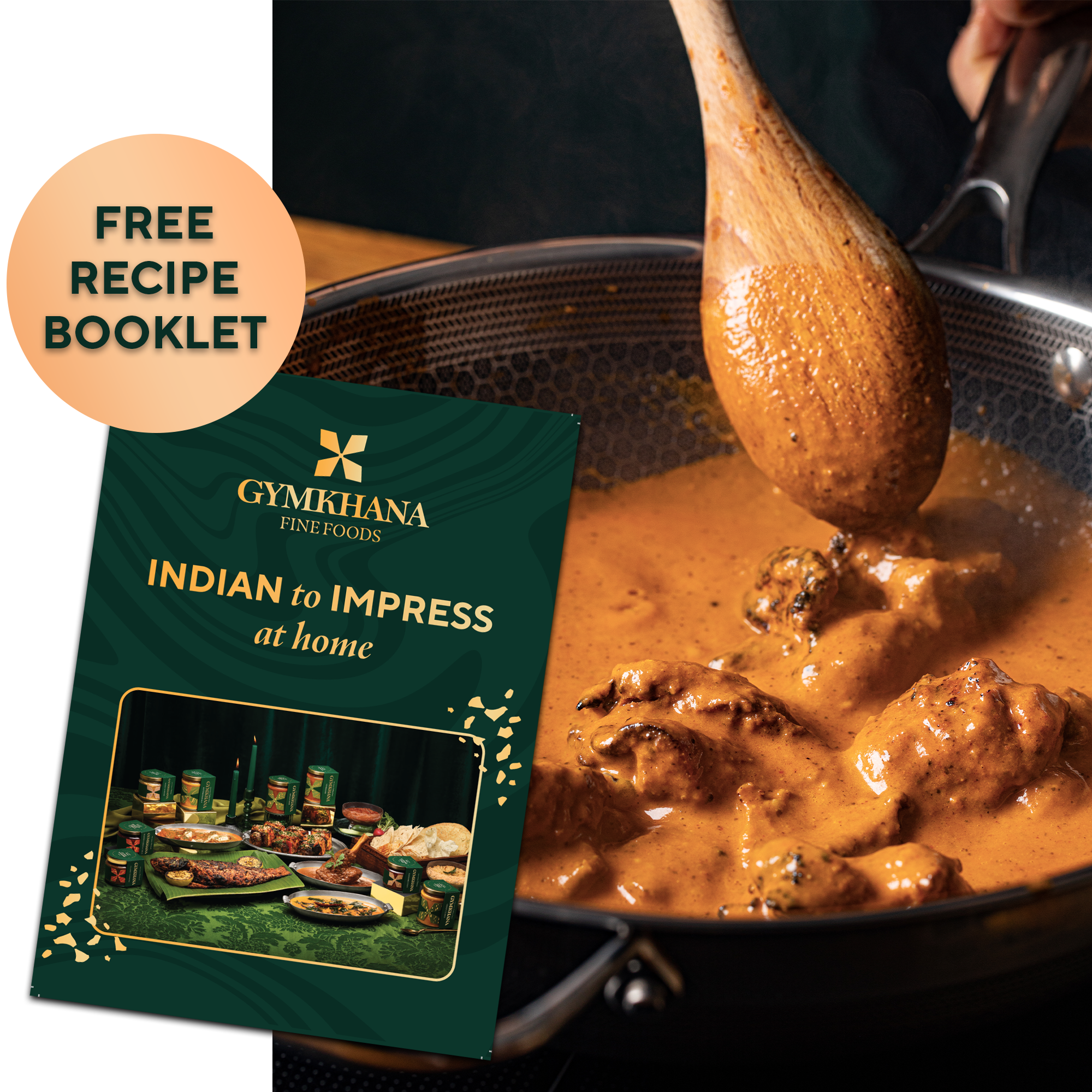 A pan of curry being stirred, next to a recipe booklet labeled 'Indian to Impress at home.'