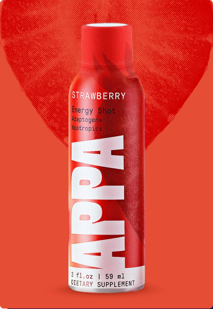 Red energy shot bottle labeled 'APPA' with strawberry and nootropics text.