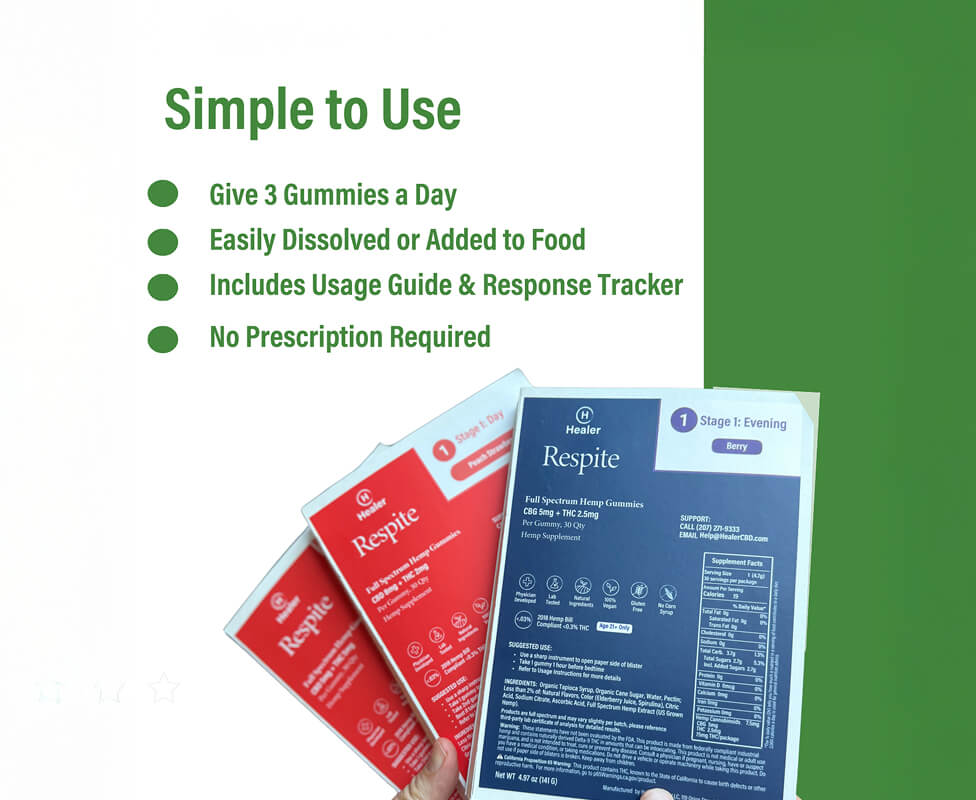 Hand holding Respite hemp gummies packages with usage instructions on a green background.