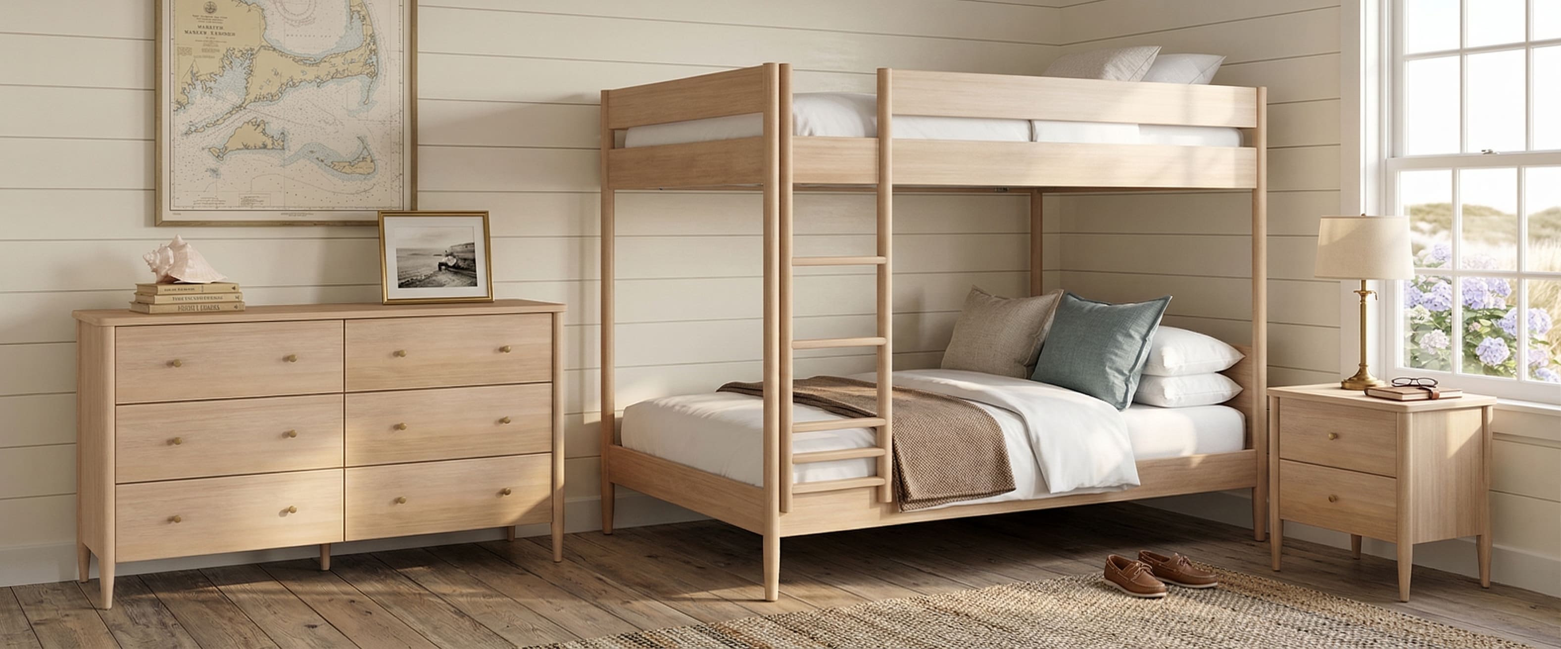 A light wood bunk bed with white and beige bedding in a neutral colored room with matching dresser, nightstand, area rug, and a framed map on the wall.