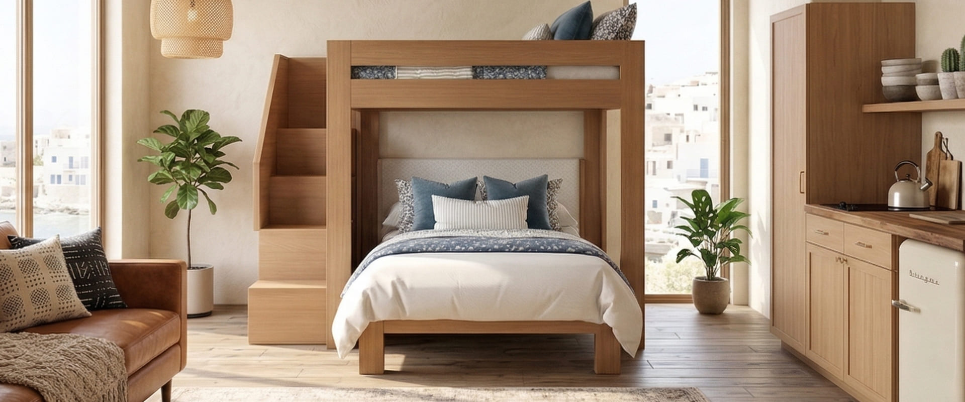 A large wooden L-shaped bunk bed with stairs with white and blue bedding in a neutral colored room with potted plants.