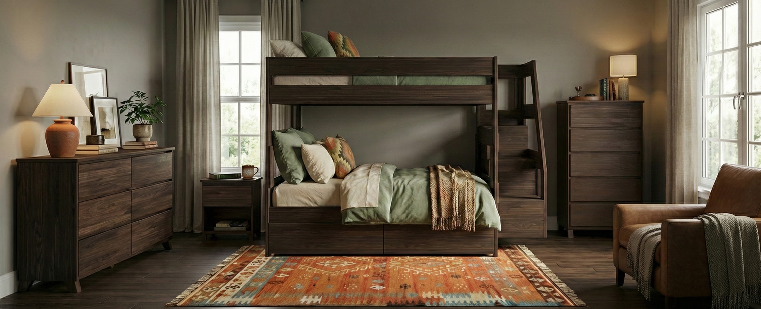A modern, warm room with a dark brown bunk bed with stairs with green and orange bedding, an orange patterned area rug, and matching brown wood furniture.