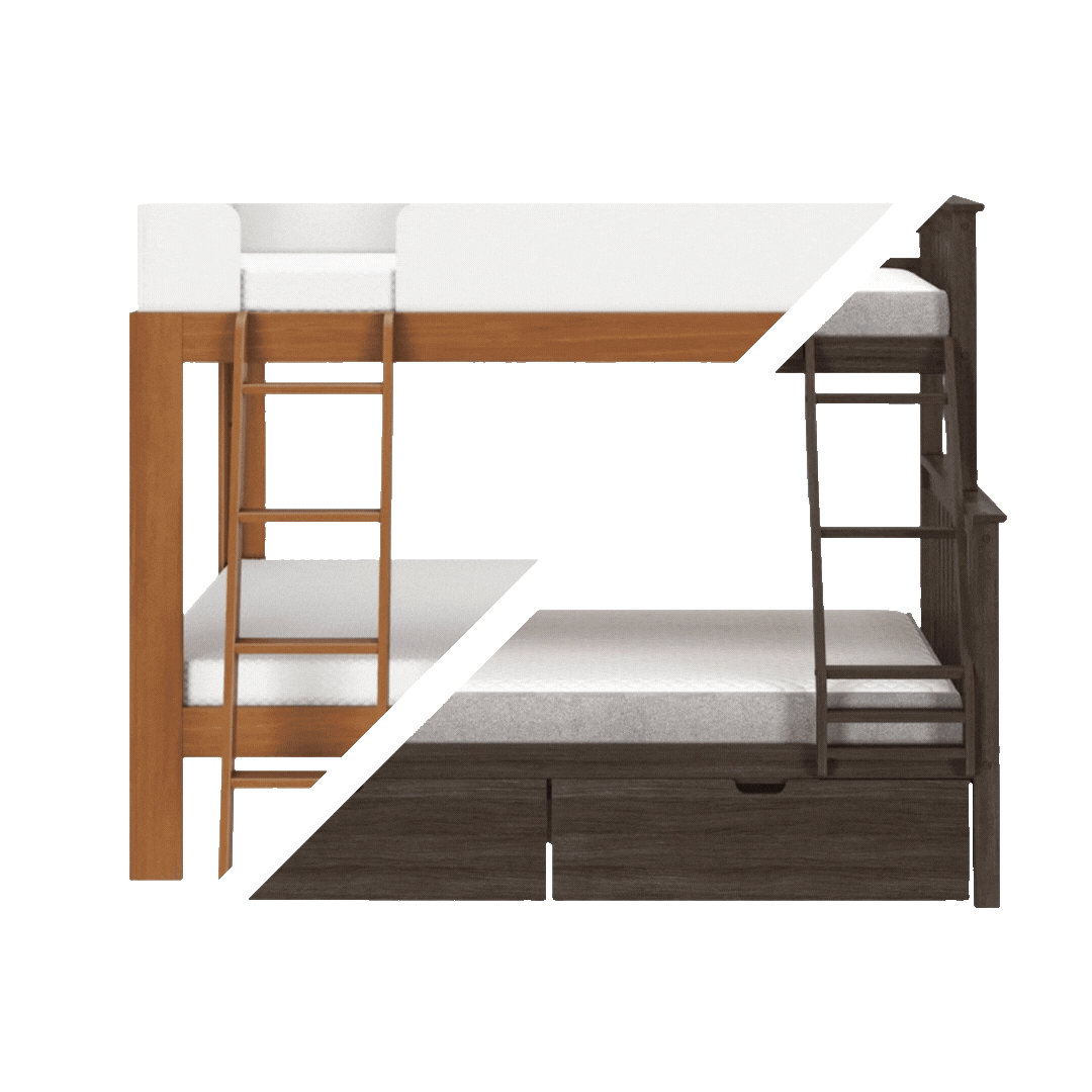 Different bunk beds being displayed side-by-side with a diagonal cut between them.