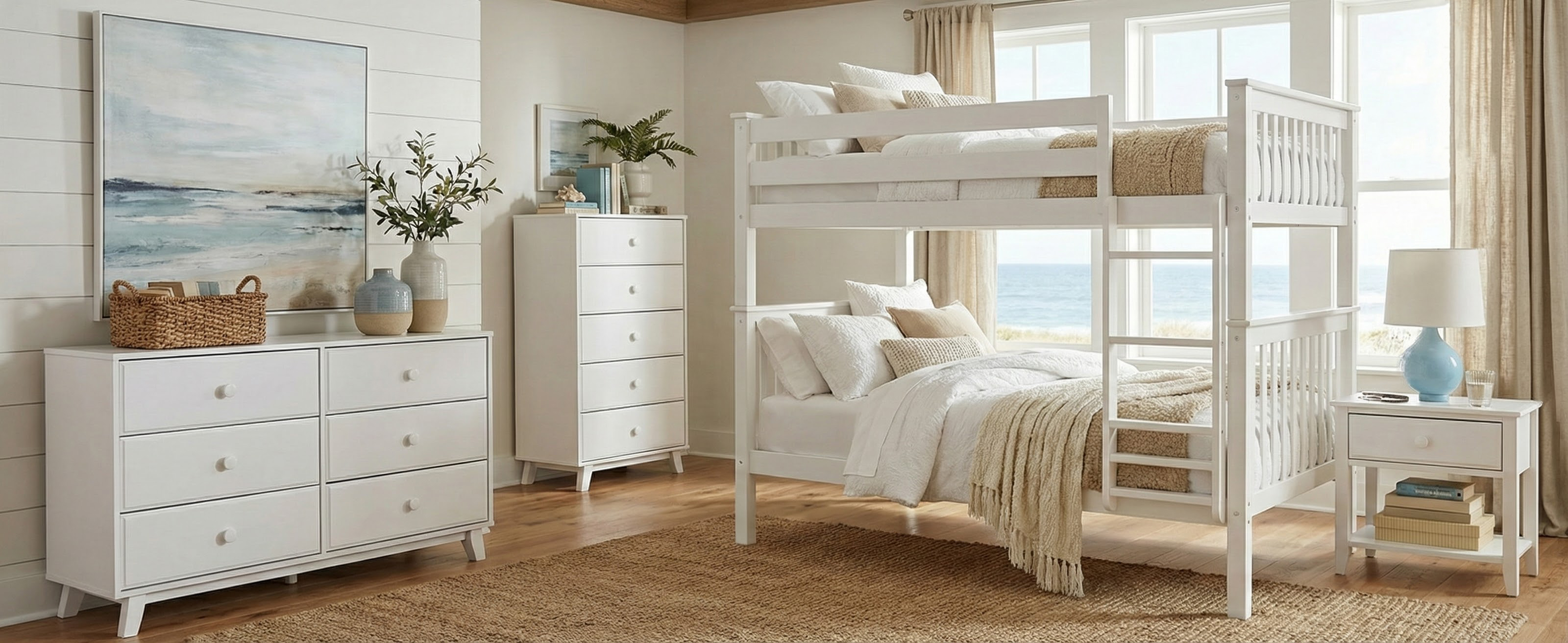 A costal-themed room with a white bunk bed covered in white and beige bedding, matching white dresser and nightstand, and beige area rug in front of wide windows with a beach in the background.