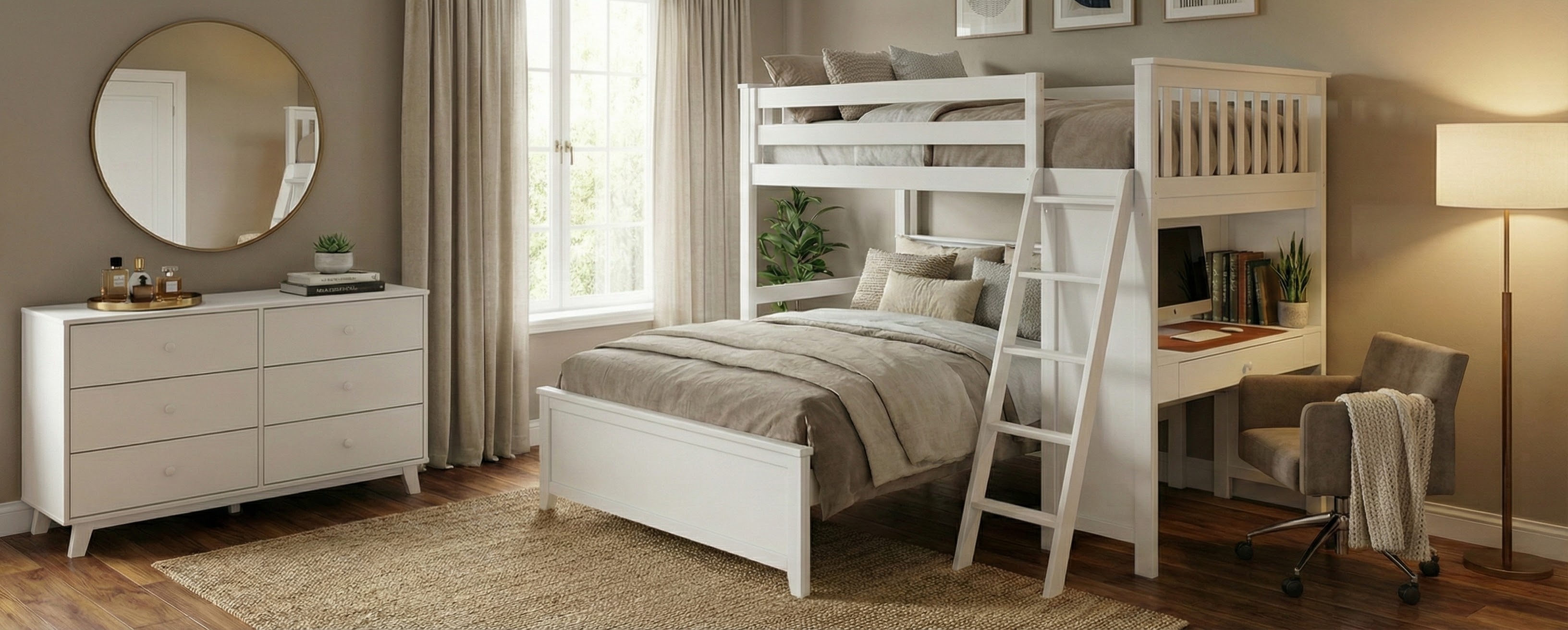 A classic, white L-shaped bunk bed with ladder and built in desk in a neutral colored room with beige area rug.