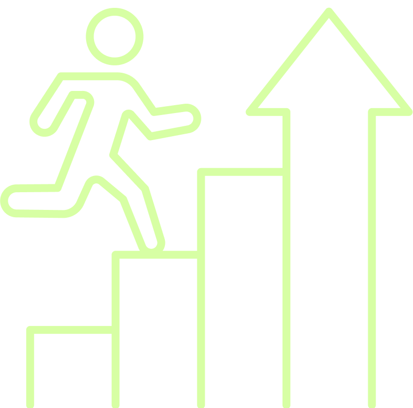 Icon of a person climbing stairs towards an upward arrow.