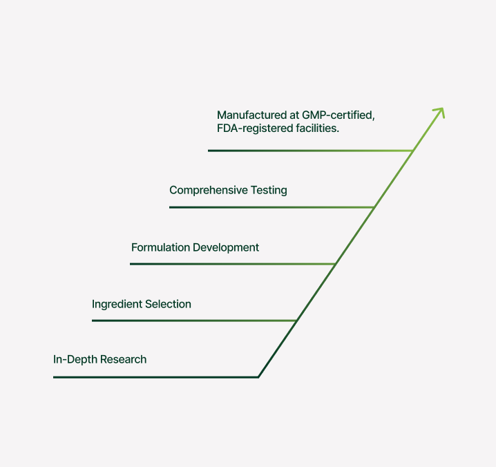 Flowchart showing steps in production: research, ingredient selection, formulation, testing, and GMP-certified manufacturing.